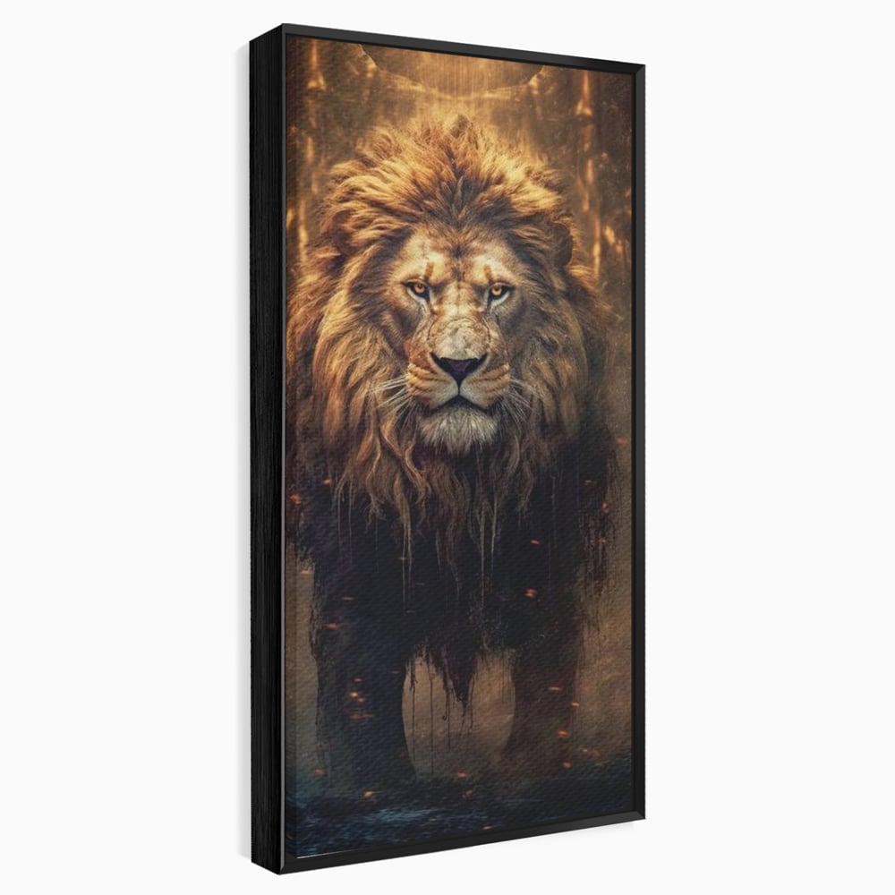 Tablou canvas cu tablou canvas cu portret de leu, in rama de aluminiu negru